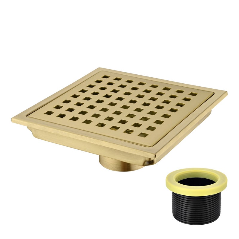 Orhemus 6 inch Stainless Steel Square Shower Floor Drain with Threaded Adapter, Removable Cover Grid Grate, Brushed Gold Brass Finished - Image 1